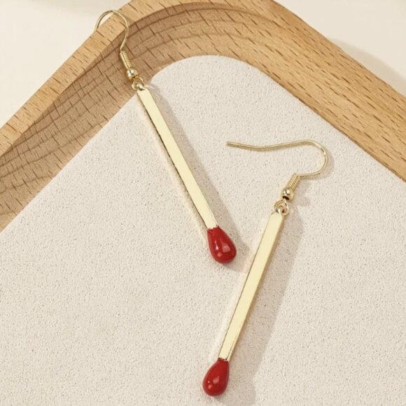 Gold Matchstick Minimalist Trendy Streetwear Dangle Earrings NEW - Picture 5 of 5